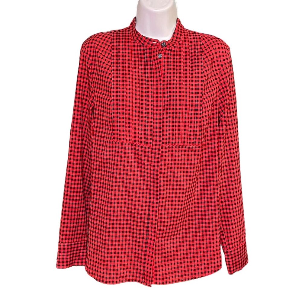 J Crew Plaid Pleated Button Front Blouse Top Size S Lightweight Red Black u
